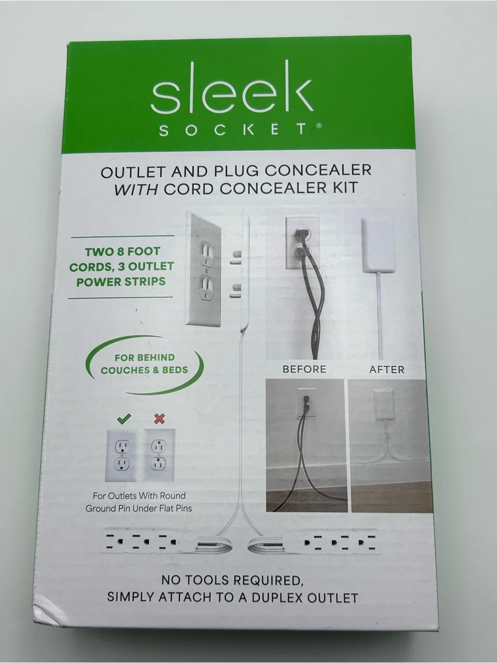 Sleek Socket Ultra-Thin Plug Concealer 8 ft 3 Outlet White Cord Concealer Kit